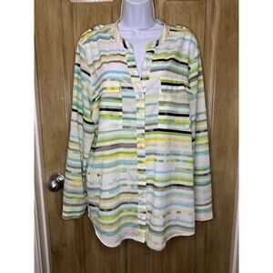 CALVIN KLEIN WOMENS BUTTON-UP BLOUSE ABSTRACT STRIPED LIME GREEN MULTCLR SIZE 2X